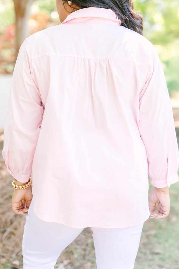 Chic soul plus size clothing, Light pink button-down cotton top with a classic collar and three-quarter length sleeves.