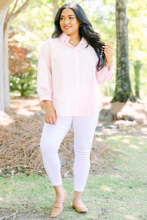Chic soul plus size clothing, Light pink button-down cotton top with a classic collar and three-quarter length sleeves.
