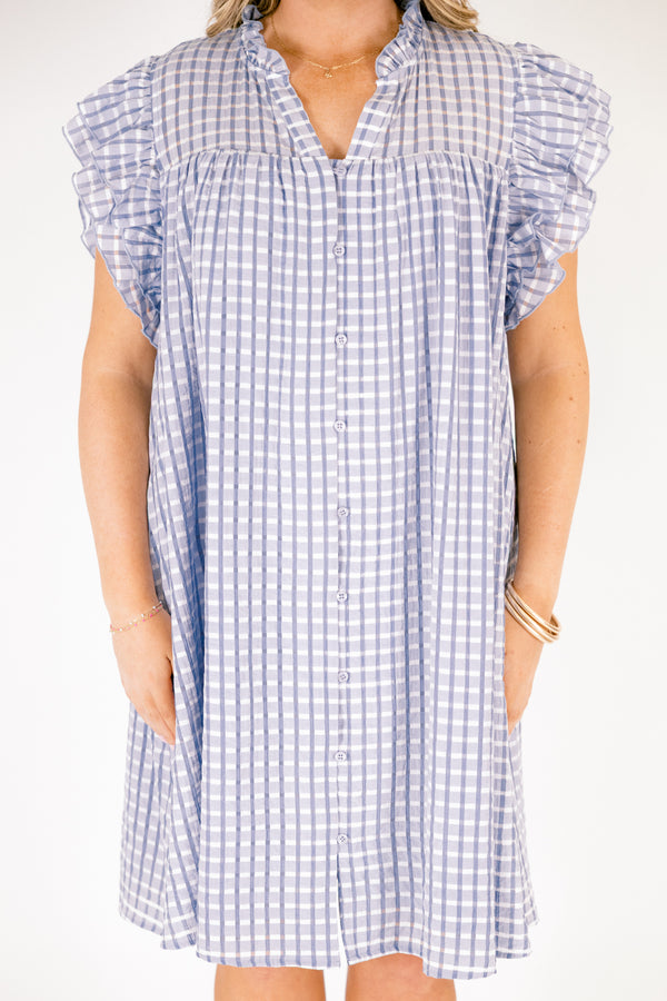 Chic Soul plus size clothing, light blue gingham baby doll dress with shirt flutter sleeves and a v neck cutout