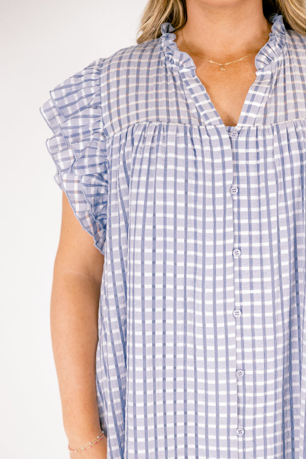 Chic Soul plus size clothing, light blue gingham baby doll dress with shirt flutter sleeves and a v neck cutout