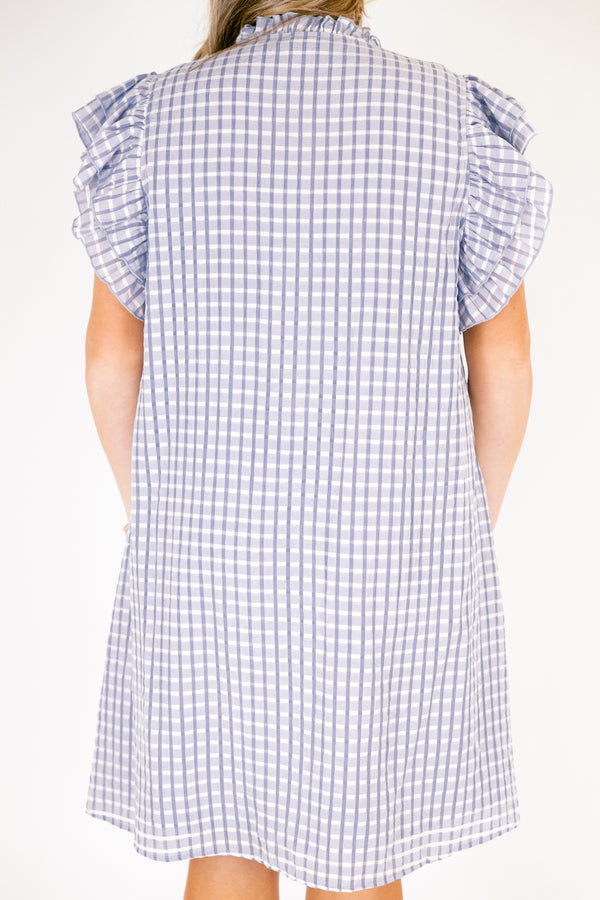 Chic Soul plus size clothing, light blue gingham baby doll dress with shirt flutter sleeves and a v neck cutout