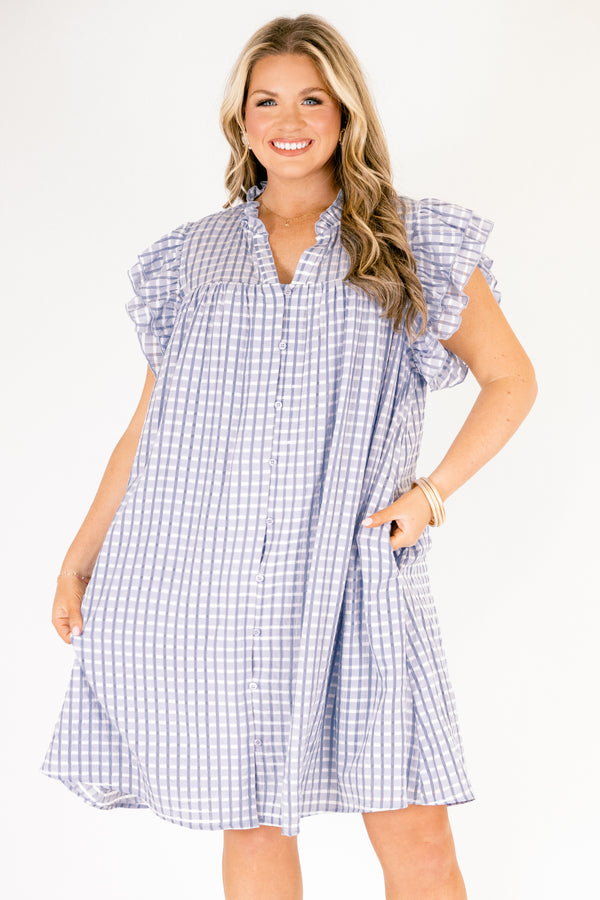 Chic Soul plus size clothing, light blue gingham baby doll dress with shirt flutter sleeves and a v neck cutout