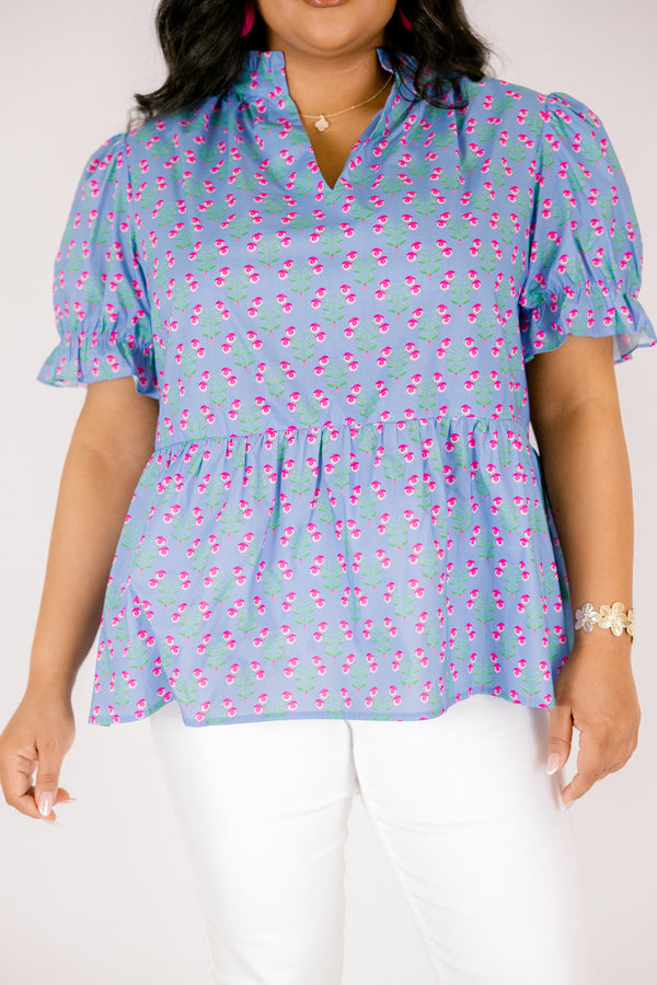 Chic Soul plus size clothing, light blue short puff sleeve peplum top with small hot pink and green floral block print and a v neckline cutout
