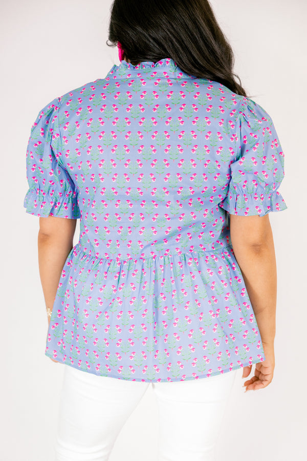 Chic Soul plus size clothing, light blue short puff sleeve peplum top with small hot pink and green floral block print and a v neckline cutout