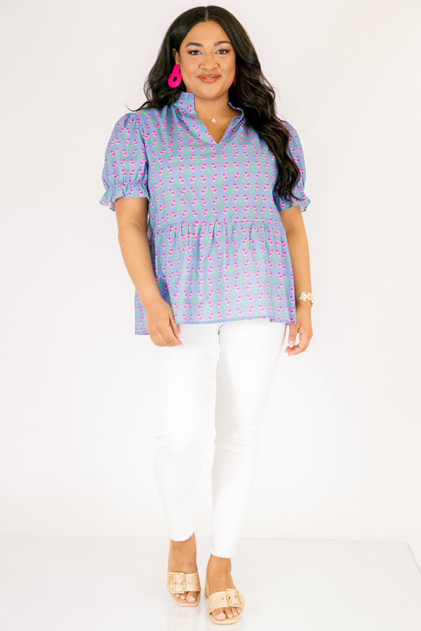 Chic Soul plus size clothing, light blue short puff sleeve peplum top with small hot pink and green floral block print and a v neckline cutout