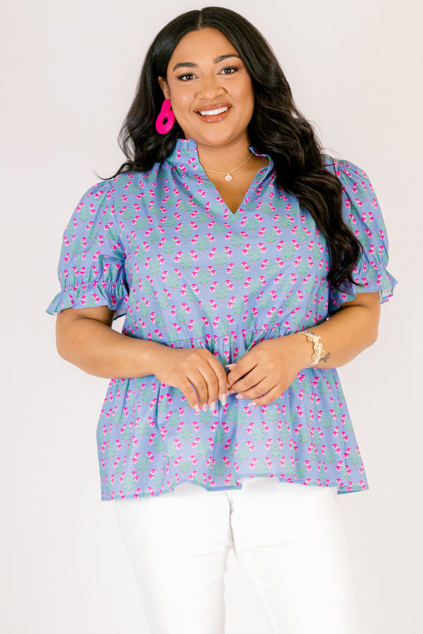 Chic Soul plus size clothing, light blue short puff sleeve peplum top with small hot pink and green floral block print and a v neckline cutout