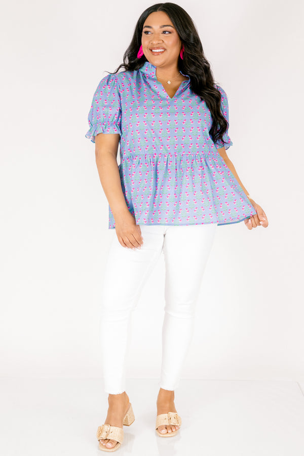Chic Soul plus size clothing, light blue short puff sleeve peplum top with small hot pink and green floral block print and a v neckline cutout