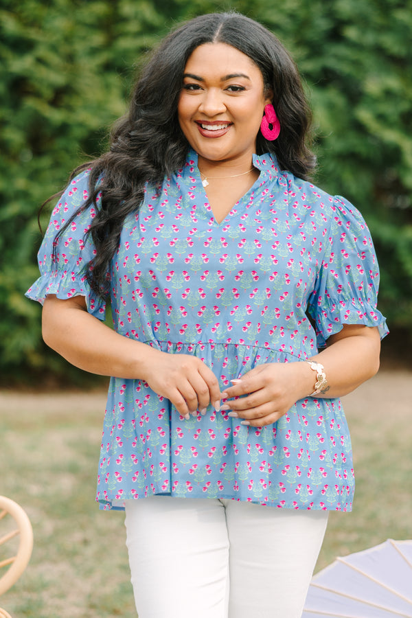 Chic Soul plus size clothing, light blue short puff sleeve peplum top with small hot pink and green floral block print and a v neckline cutout