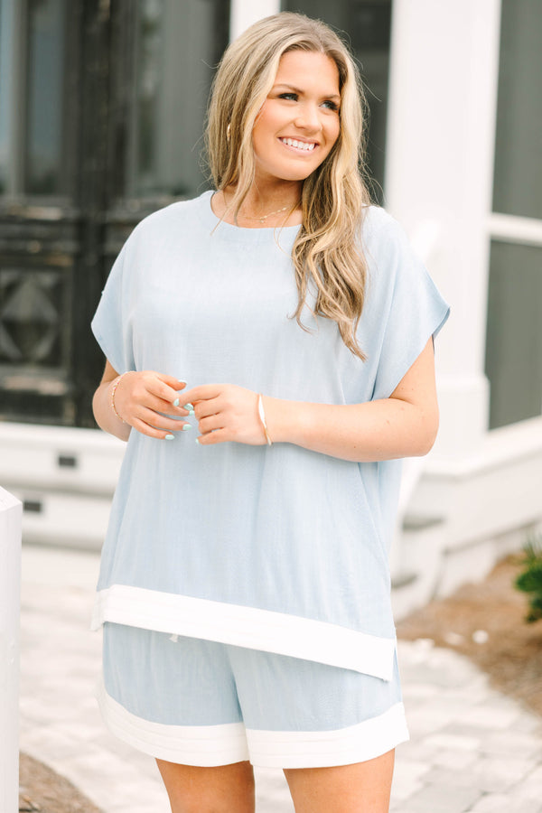 Chic Soul plus size clothing, light blue short sleeve crew neck tunic top with thick white stripe on the hem