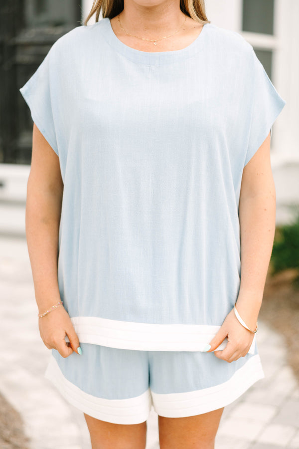 Chic Soul plus size clothing, light blue short sleeve crew neck tunic top with thick white stripe on the hem