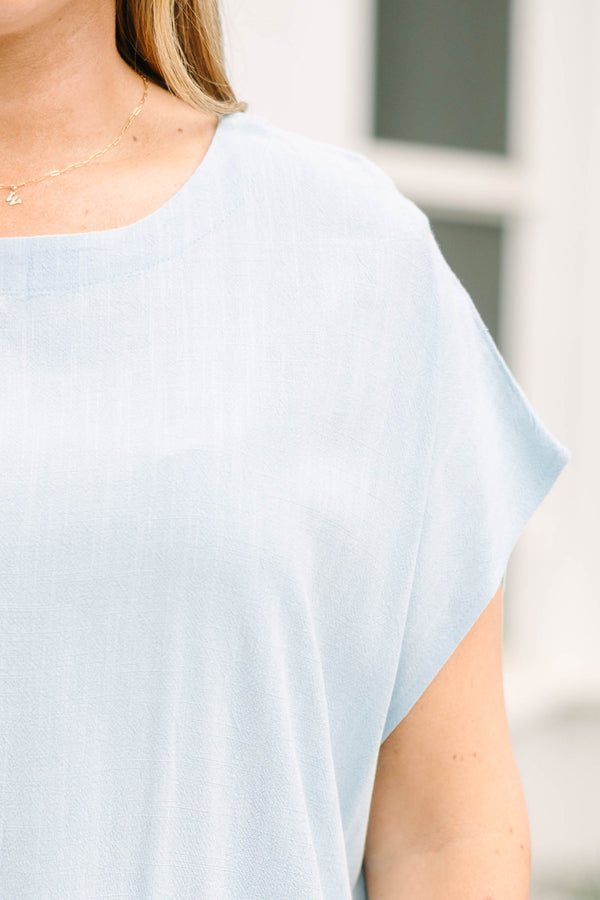 Chic Soul plus size clothing, light blue short sleeve crew neck tunic top with thick white stripe on the hem