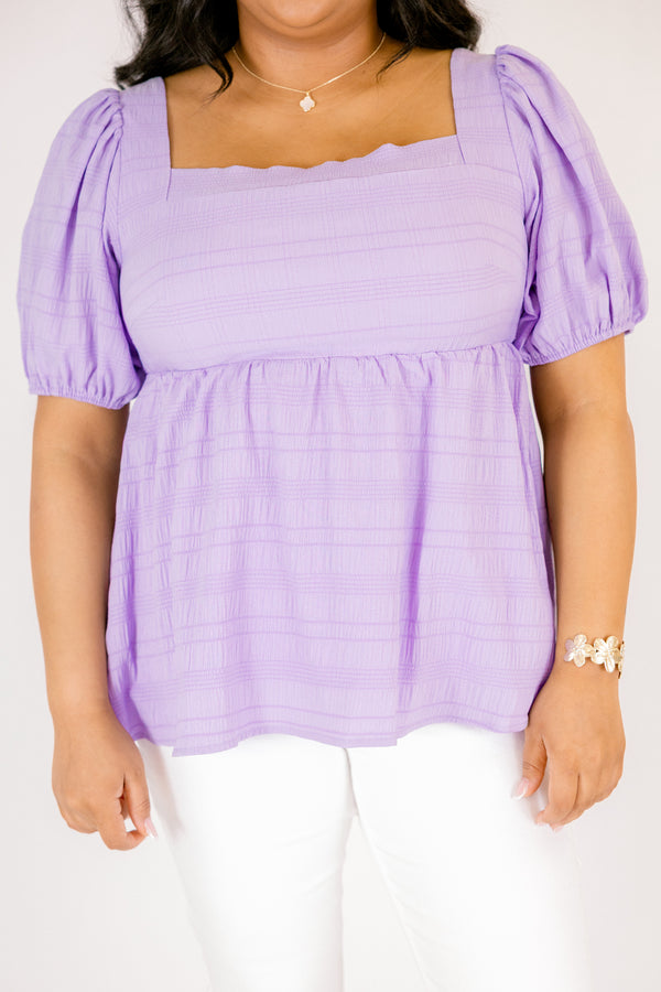 Chic Soul plus size clothing, purple short puff sleeve babydoll style top with a square neckline