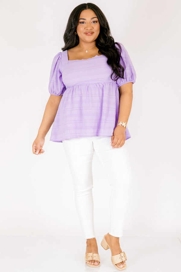 Chic Soul plus size clothing, purple short puff sleeve babydoll style top with a square neckline