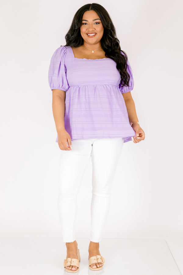 Chic Soul plus size clothing, purple short puff sleeve babydoll style top with a square neckline
