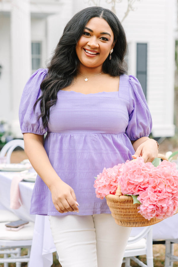 Chic Soul plus size clothing, purple short puff sleeve babydoll style top with a square neckline