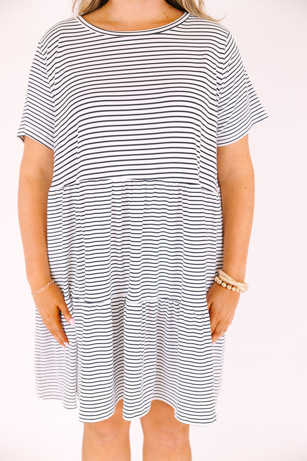 Chic soul plus size clothing, cream dress with black stripes and short sleeves 