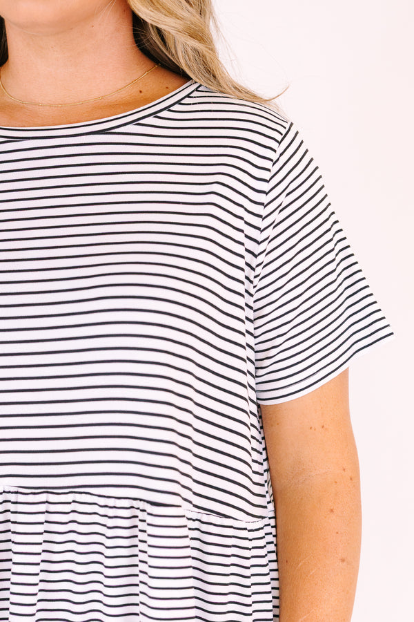 Chic soul plus size clothing, cream dress with black stripes and short sleeves 