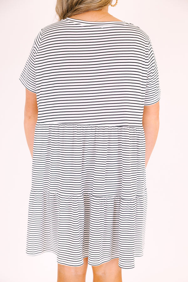 Chic soul plus size clothing, cream dress with black stripes and short sleeves 