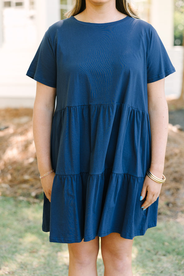 Chic Soul plus size clothing, navy short bell sleeve tiered crewneck baby doll dress