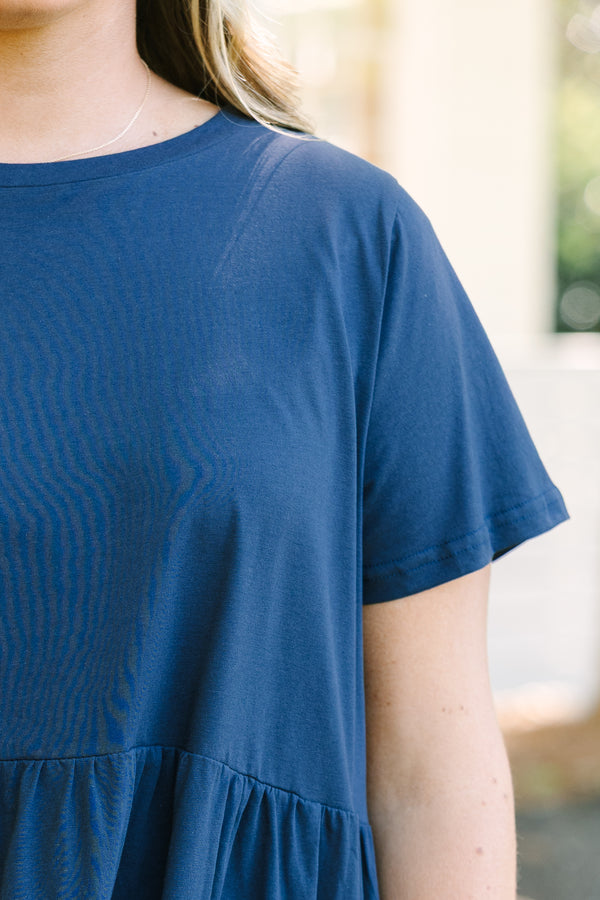 Chic Soul plus size clothing, navy short bell sleeve tiered crewneck baby doll dress