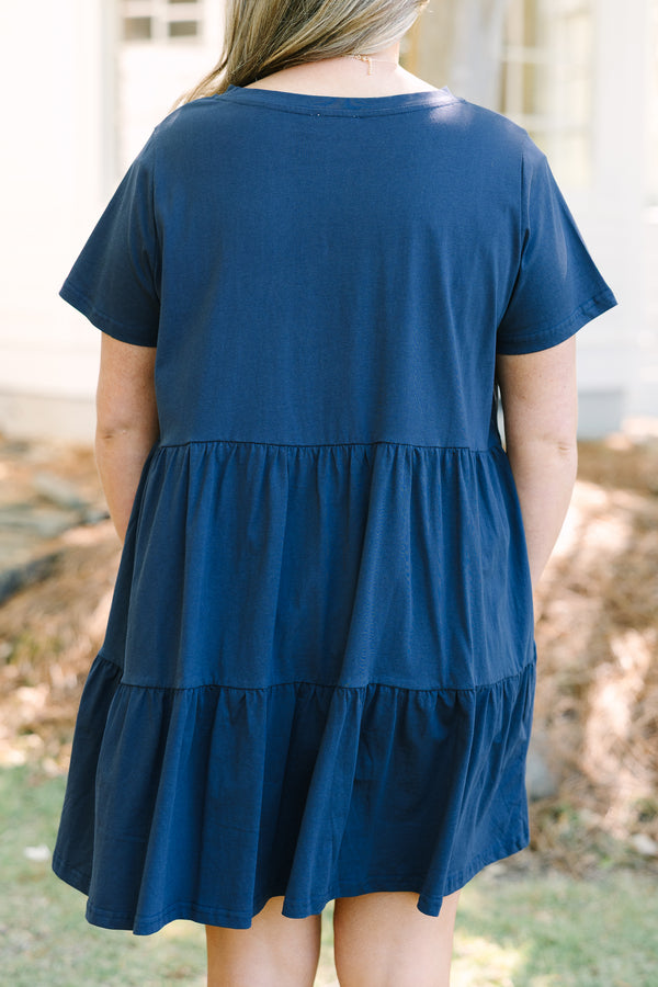 Chic Soul plus size clothing, navy short bell sleeve tiered crewneck baby doll dress