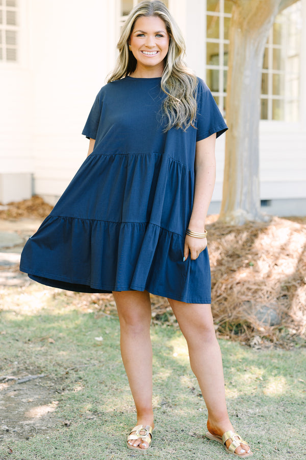 Chic Soul plus size clothing, navy short bell sleeve tiered crewneck baby doll dress