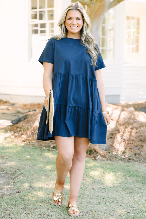 Chic Soul plus size clothing, navy short bell sleeve tiered crewneck baby doll dress