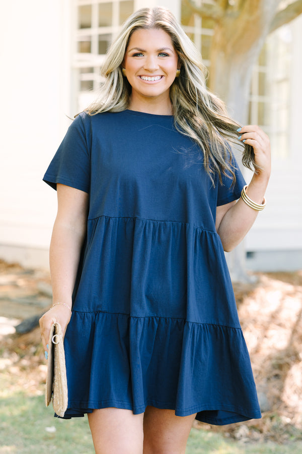 Chic Soul plus size clothing, navy short bell sleeve tiered crewneck baby doll dress