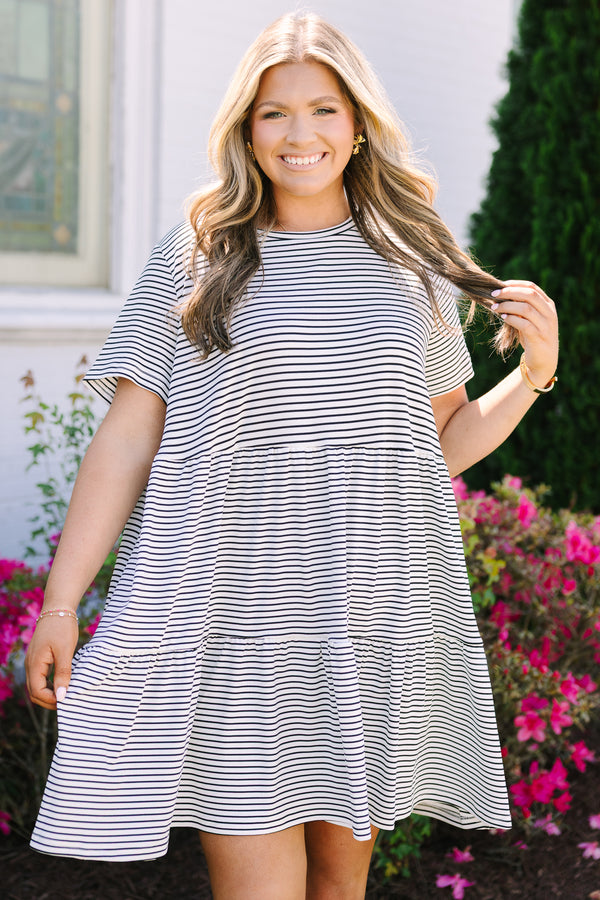 Chic soul plus size clothing, cream dress with black stripes and short sleeves 