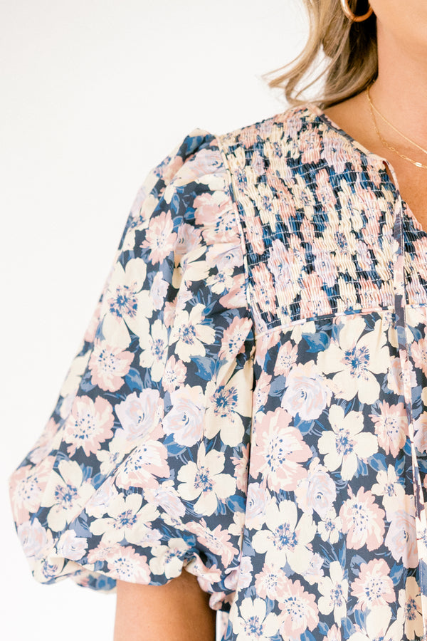 Chic Soul plus size clothing, short-puffed-sleeve blue baby doll dress with a v-neckline and ivory floral pattern