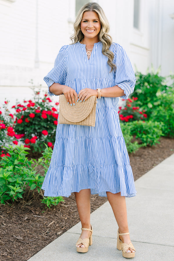 Chic Soul plus size clothing, a blue and white striped dress featuring a puff sleeve, a notch style V-neck collar, and 5 tiers