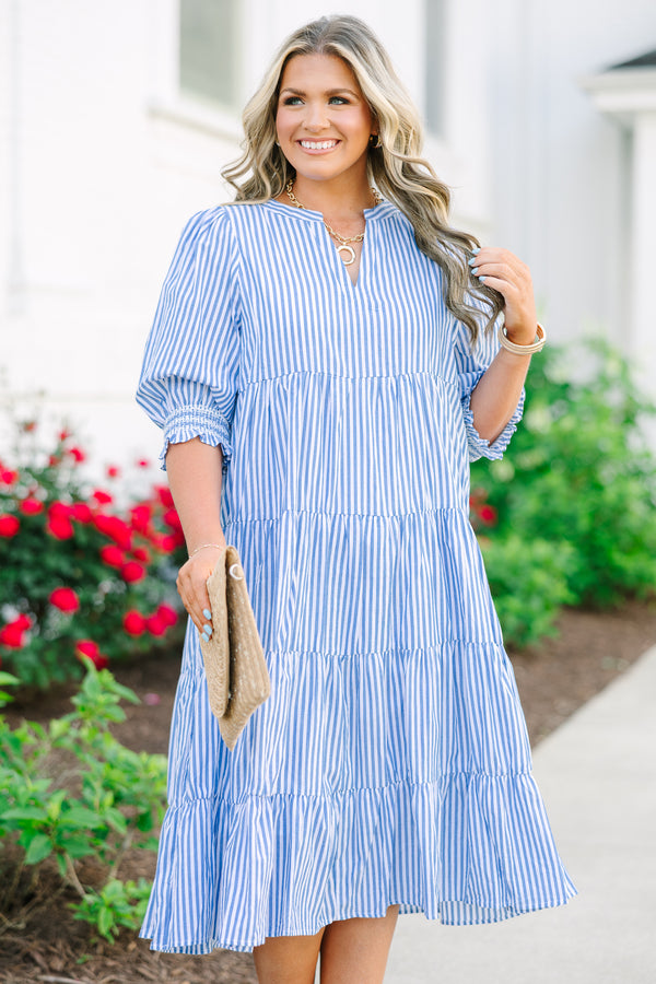 Chic Soul plus size clothing, a blue and white striped dress featuring a puff sleeve, a notch style V-neck collar, and 5 tiers