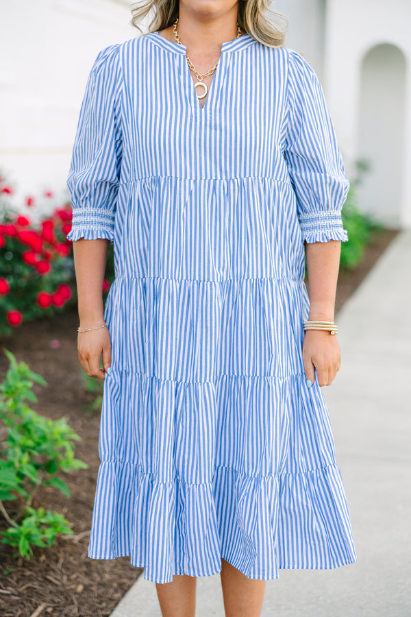 Chic Soul plus size clothing, a blue and white striped dress featuring a puff sleeve, a notch style V-neck collar, and 5 tiers