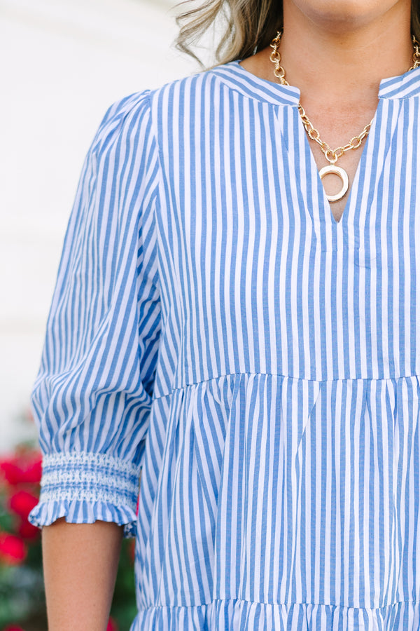 Chic Soul plus size clothing, a blue and white striped dress featuring a puff sleeve, a notch style V-neck collar, and 5 tiers