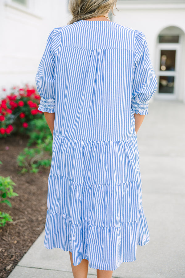 Chic Soul plus size clothing, a blue and white striped dress featuring a puff sleeve, a notch style V-neck collar, and 5 tiers