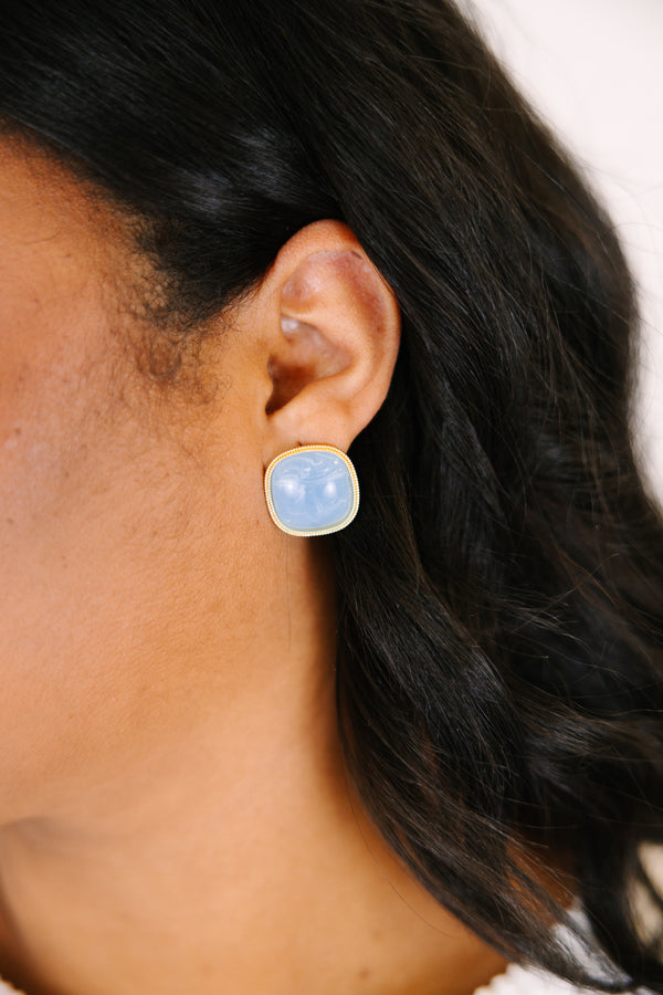Chic Soul plus size clothing, blue square stone stud earrings with a gold outline 