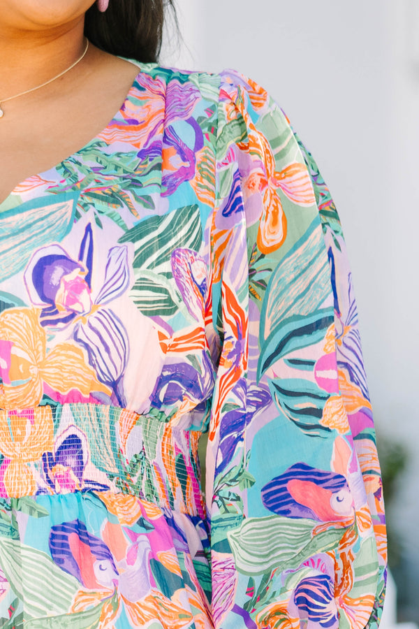 Chic Soul plus size clothing, multi colored tropical floral pattern long sleeve maxi dress with v-neckline and cinching at the bottom of the sleeves