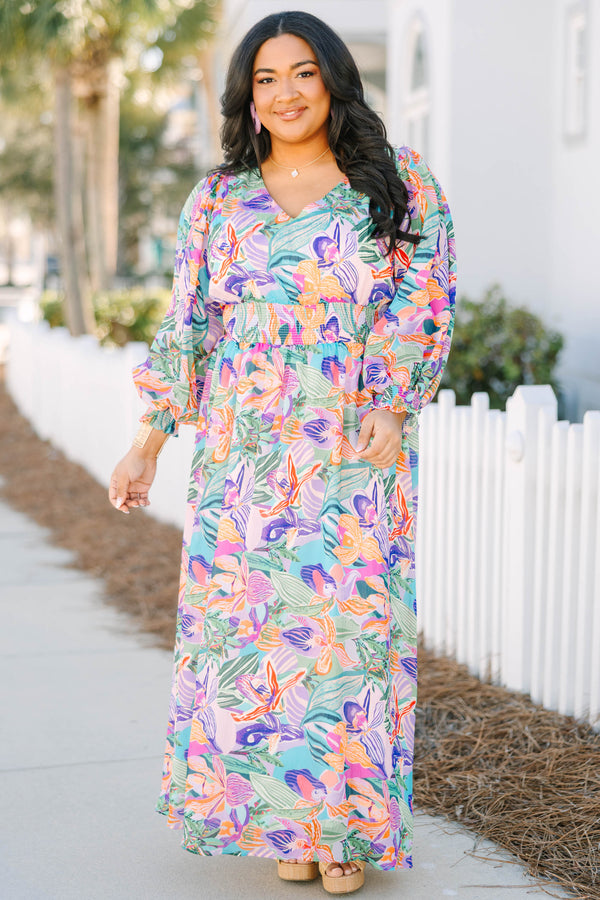 Chic Soul plus size clothing, multi colored tropical floral pattern long sleeve maxi dress with v-neckline and cinching at the bottom of the sleeves