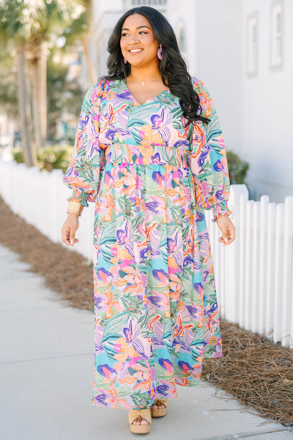 Chic Soul plus size clothing, multi colored tropical floral pattern long sleeve maxi dress with v-neckline and cinching at the bottom of the sleeves