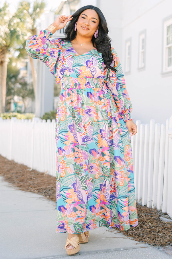 Chic Soul plus size clothing, multi colored tropical floral pattern long sleeve maxi dress with v-neckline and cinching at the bottom of the sleeves