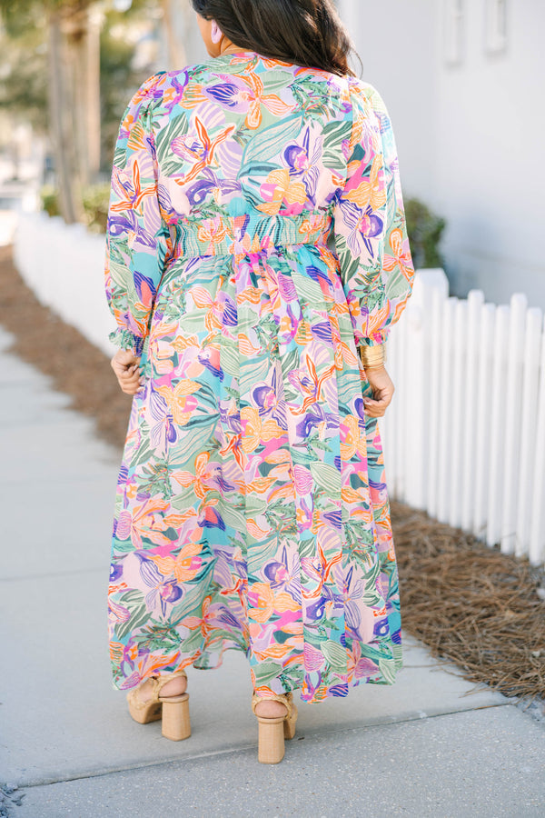 Chic Soul plus size clothing, multi colored tropical floral pattern long sleeve maxi dress with v-neckline and cinching at the bottom of the sleeves