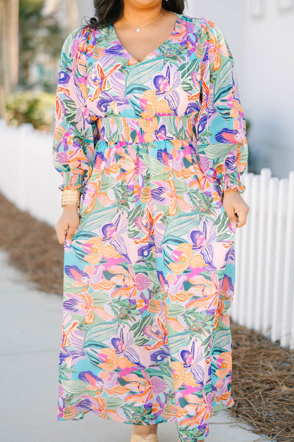 Chic Soul plus size clothing, multi colored tropical floral pattern long sleeve maxi dress with v-neckline and cinching at the bottom of the sleeves