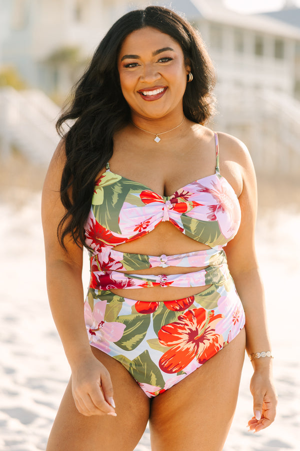 Plus Size pink floral one-piece swimsuit with front cutouts and adjustable straps.