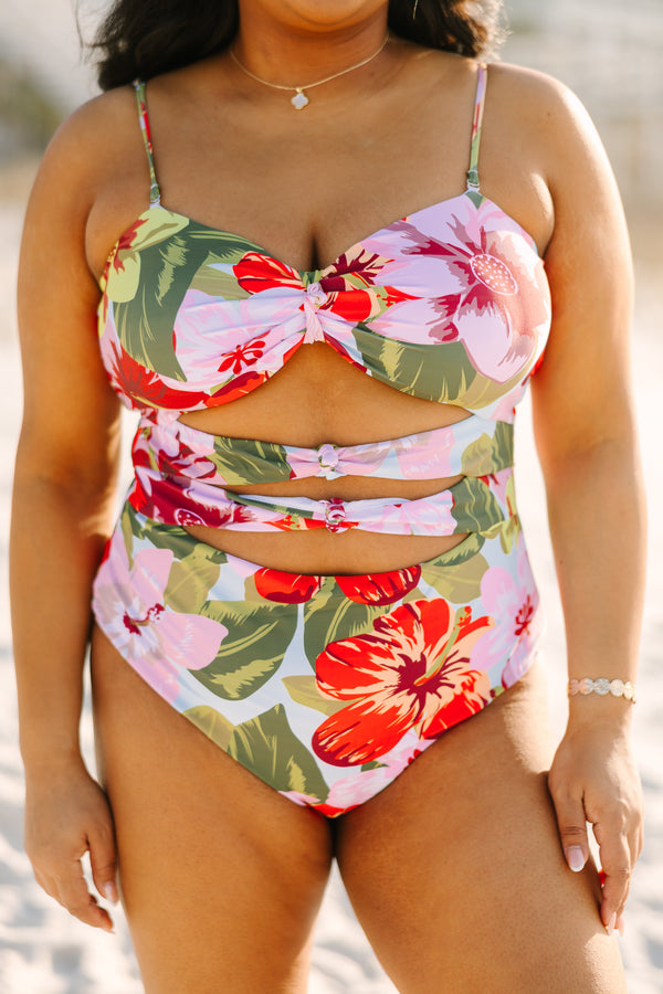 Plus Size pink floral one-piece swimsuit with front cutouts and adjustable straps.