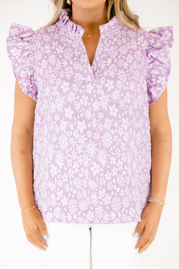 Chic Soul plus size clothing, light purple short sleeve top with raised white floral print with flare sleeve detail with v-neckline