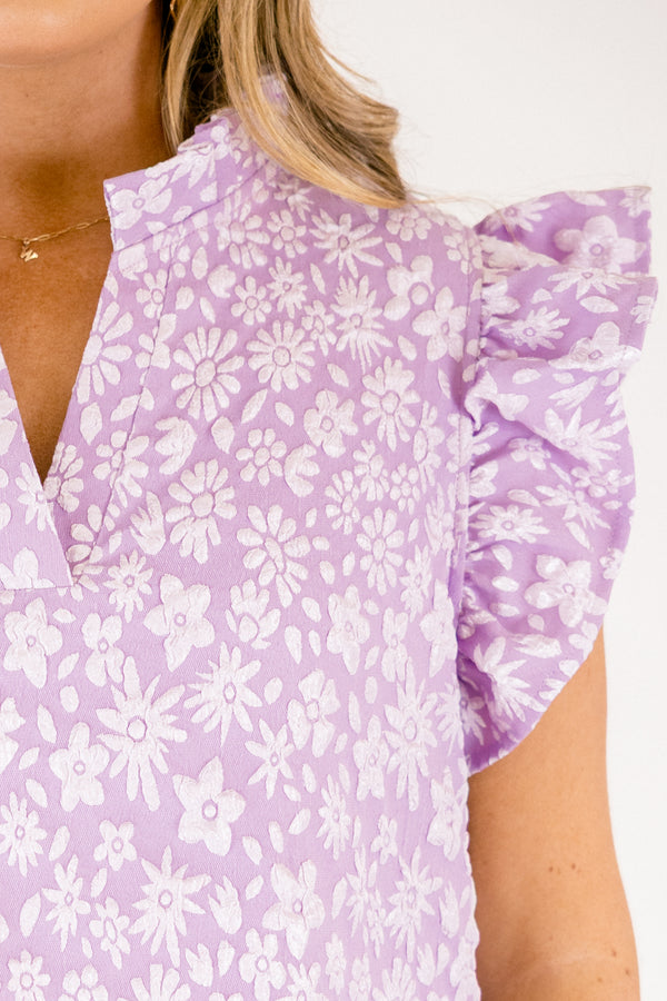 Chic Soul plus size clothing, light purple short sleeve top with raised white floral print with flare sleeve detail with v-neckline