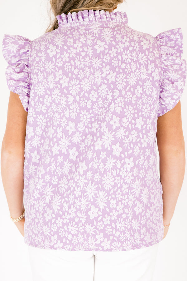Chic Soul plus size clothing, light purple short sleeve top with raised white floral print with flare sleeve detail with v-neckline