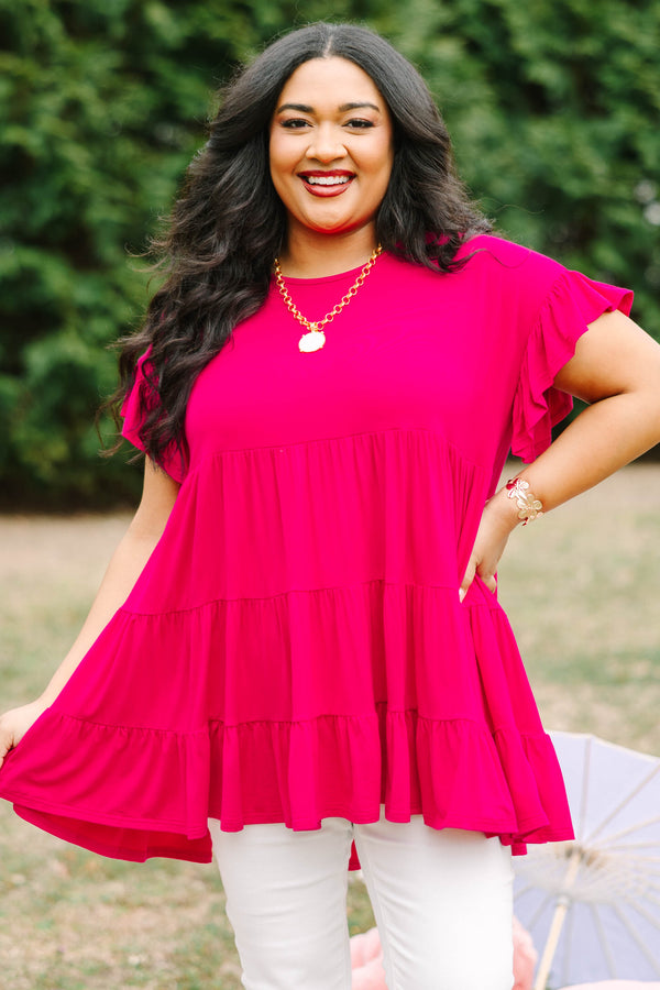 Chic Soul plus size clothing, berry pink short flutter sleeve babydoll tunic
