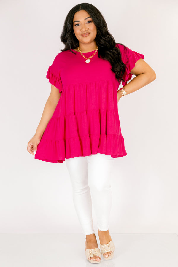 Chic Soul plus size clothing, berry pink short flutter sleeve babydoll tunic