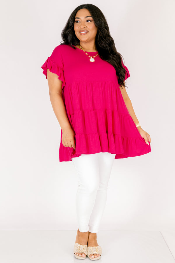 Chic Soul plus size clothing, berry pink short flutter sleeve babydoll tunic